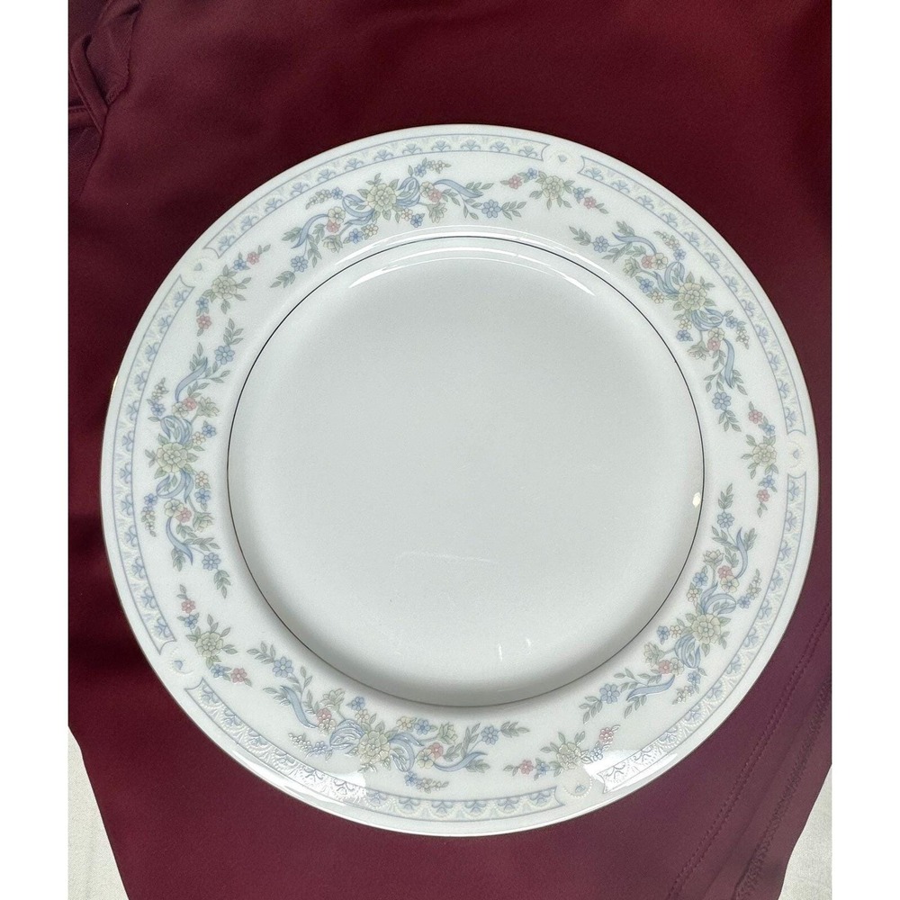 Vintage Excel Somerset Dinner Plates Set of 6 White Blue Pink Floral Silver Rim